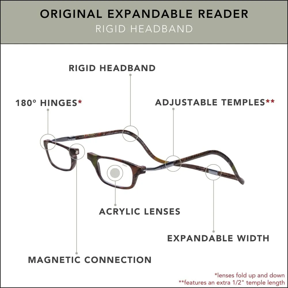 Clic Magnetic Reading Glasses, Adjustable Temple, Computer Readers, Original Expandable, (M-XL, Kings Camo, 2.00 Magnification)