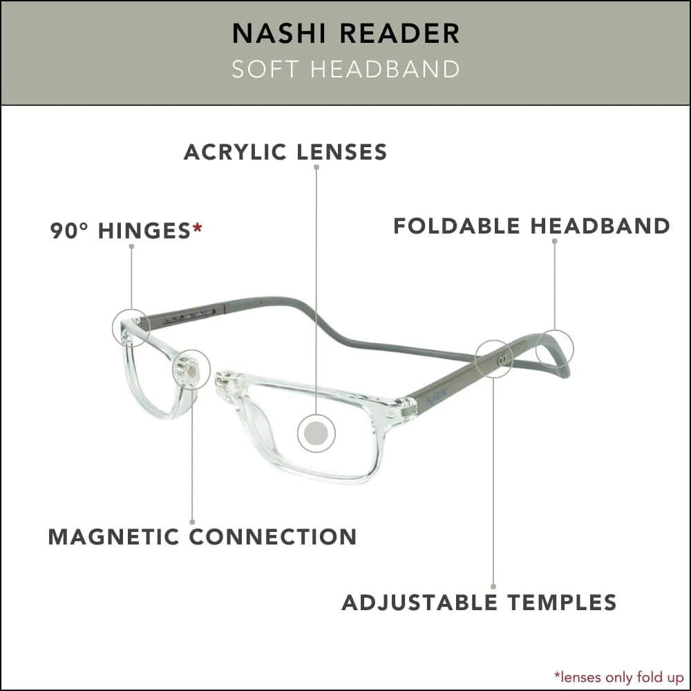 Clic Magnetic Reading Glasses for Men or Women, Soft Foldable Band, Computer Readers, Nashi (S-XL)