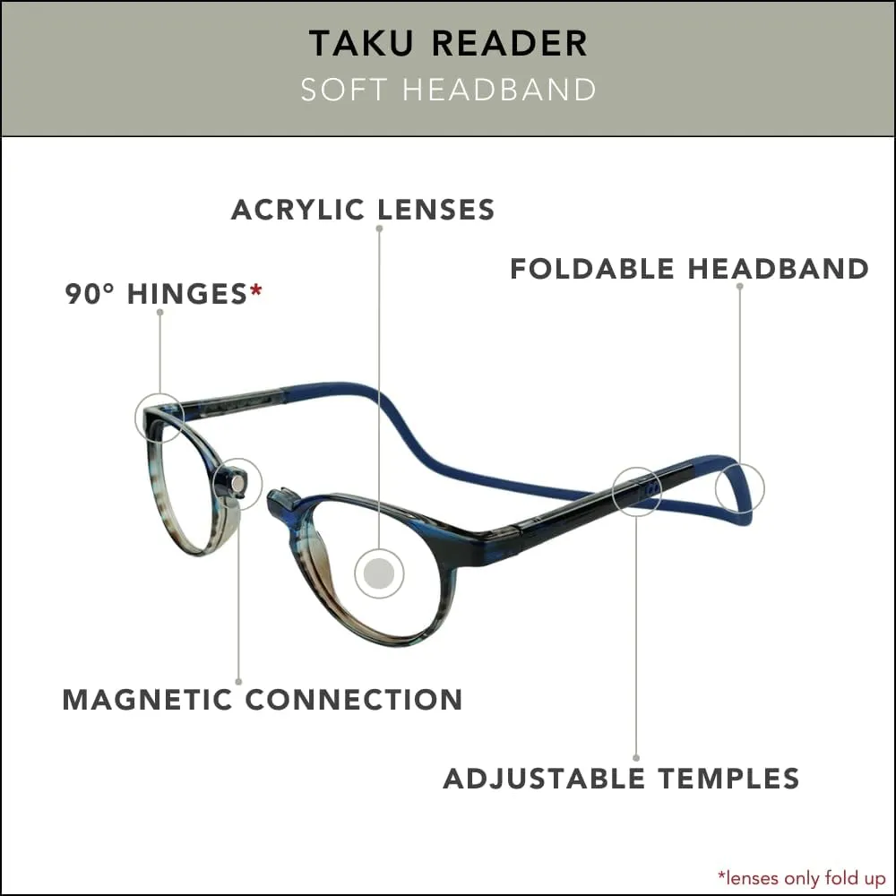 Clic Magnetic Reading Glasses for Men or Women, Soft Foldable Band, Computer Readers, Taku (S-XL)