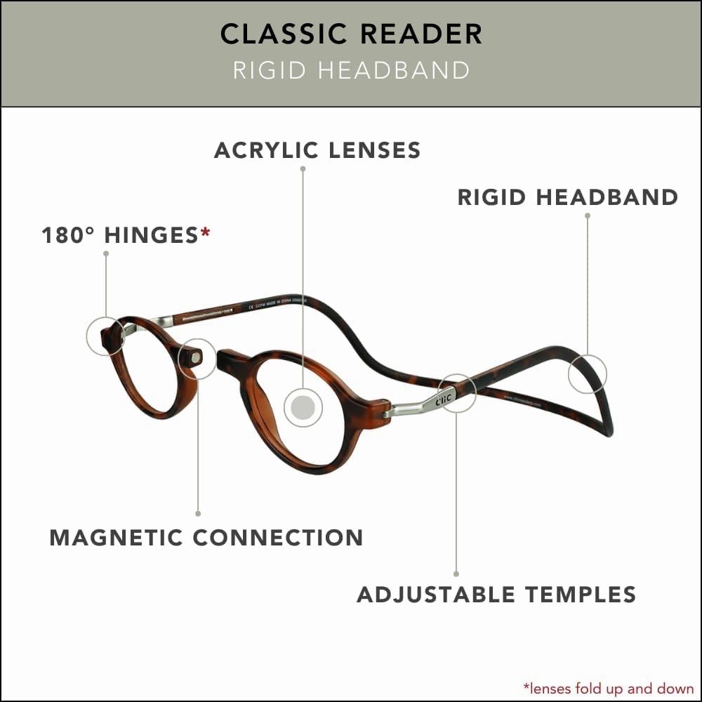 Clic Magnetic Reading Glasses for Men or Women, Computer Readers, Classic (S-M, Matte Tortoise, 2.00 Magnification)
