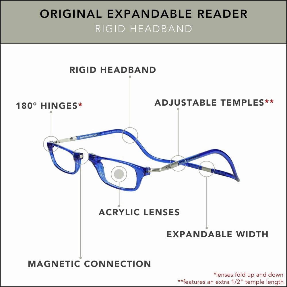 Clic Magnetic Reading Glasses for Men or Women, Computer Readers, Original Expandable (M-XL, Blue, 1.25 Magnification)