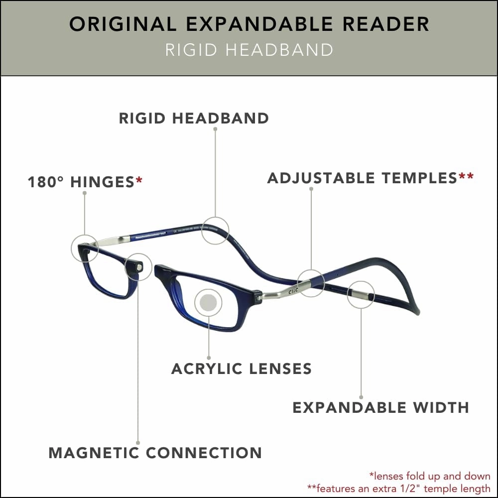 Clic Magnetic Reading Glasses for Men or Women, Computer Readers, Original Expandable (M-XL, Dark Matte Blue, 1.25 Magnification)