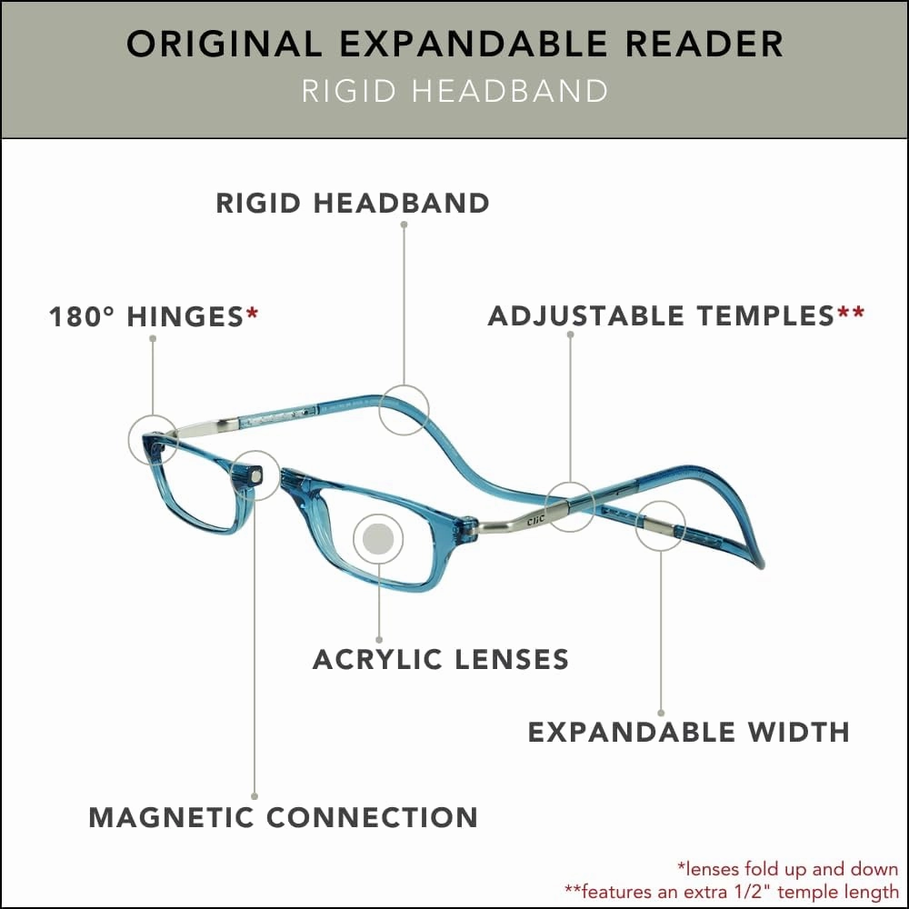 Clic Magnetic Reading Glasses for Men or Women, Computer Readers, Original Expandable (M-XL, Jean Blue, 1.25 Magnification)