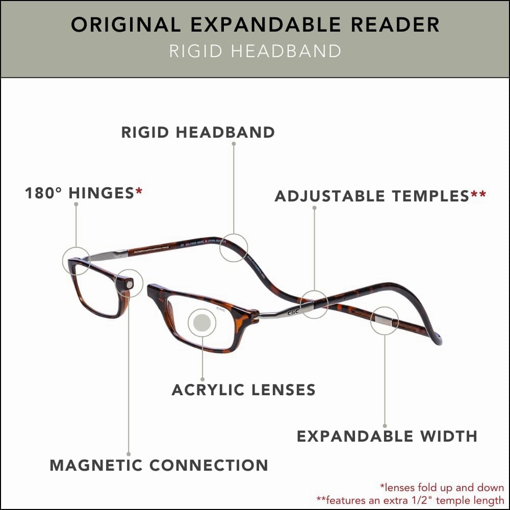 Clic Magnetic Reading Glasses for Men or Women, Computer Readers, Original Expandable (M-XL, Tortoise, 2.50 Magnification)