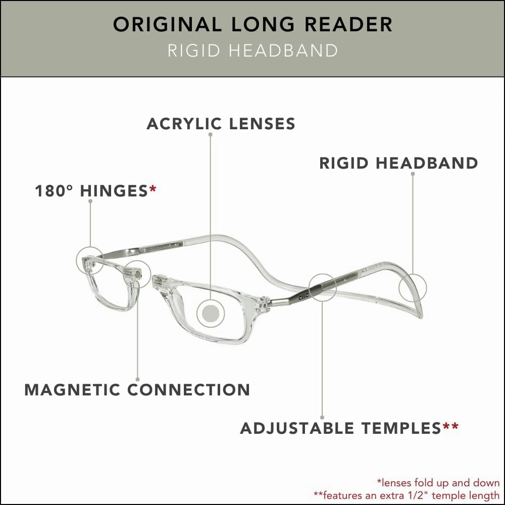Clic Magnetic Reading Glasses for Men or Women, Computer Readers, Original Long (M-L, Clear, 1.25 Magnification)