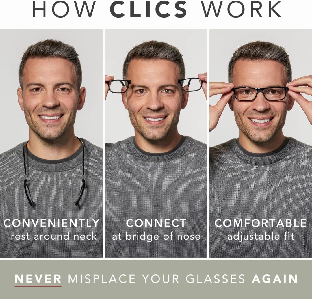 Clic Magnetic Reading Glasses for Men or Women, Computer Readers, Original Long (M-L, Clear, 1.25 Magnification)