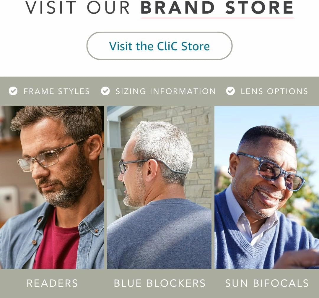 Clic Magnetic Reading Glasses for Men or Women, Computer Readers, Original Long (M-L, Clear, 1.25 Magnification)