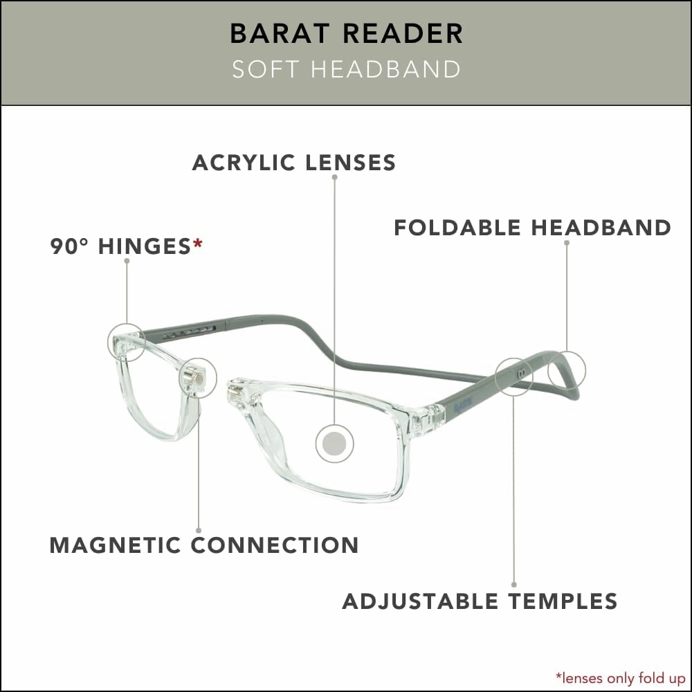 Clic Magnetic Reading Glasses for Men or Women, Soft Foldable Band, Computer Readers, Barat (S-XL)