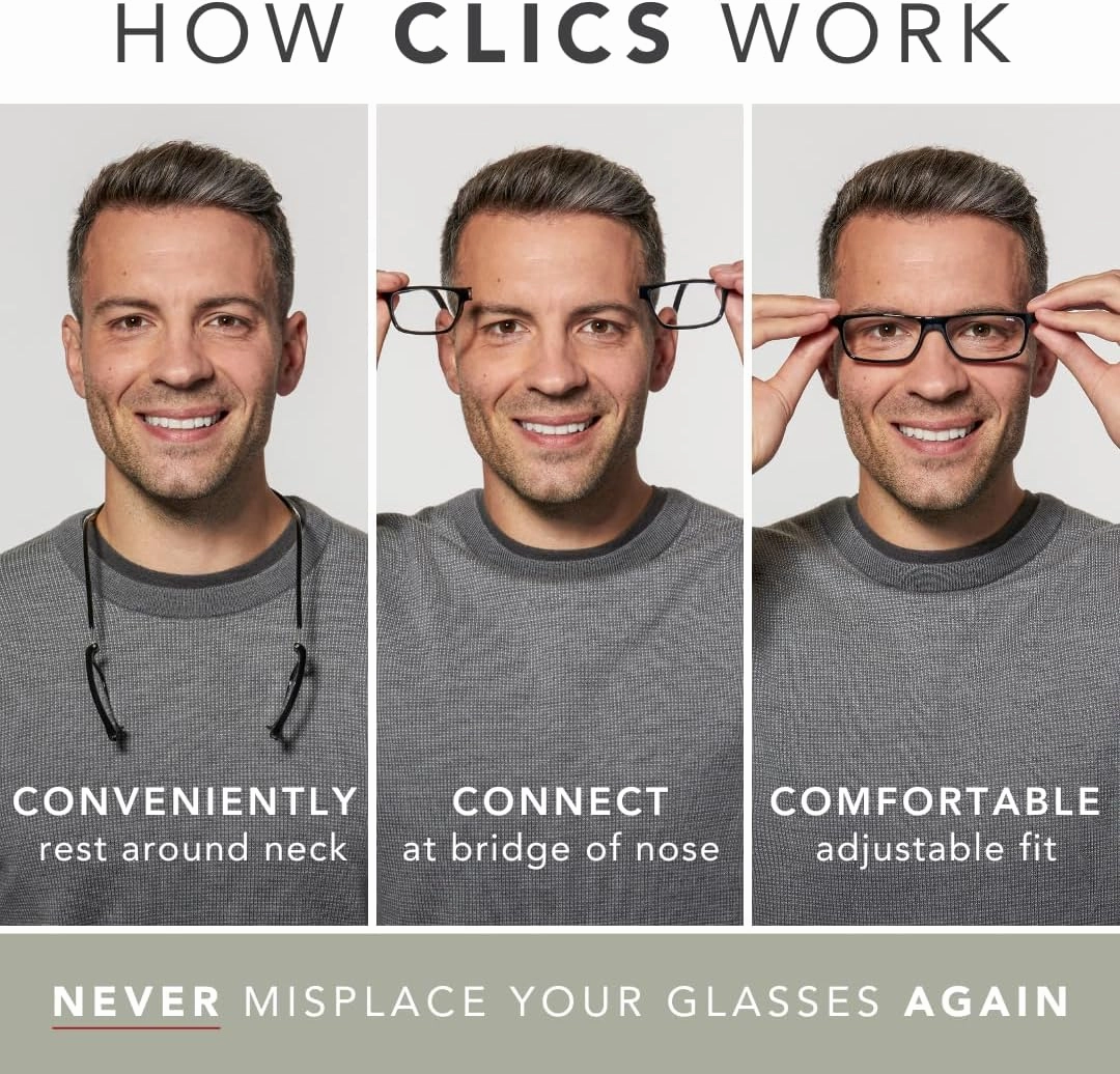 Clic Magnetic Reading Glasses for Men or Women, Soft Foldable Band, Computer Readers, Barat (S-XL)