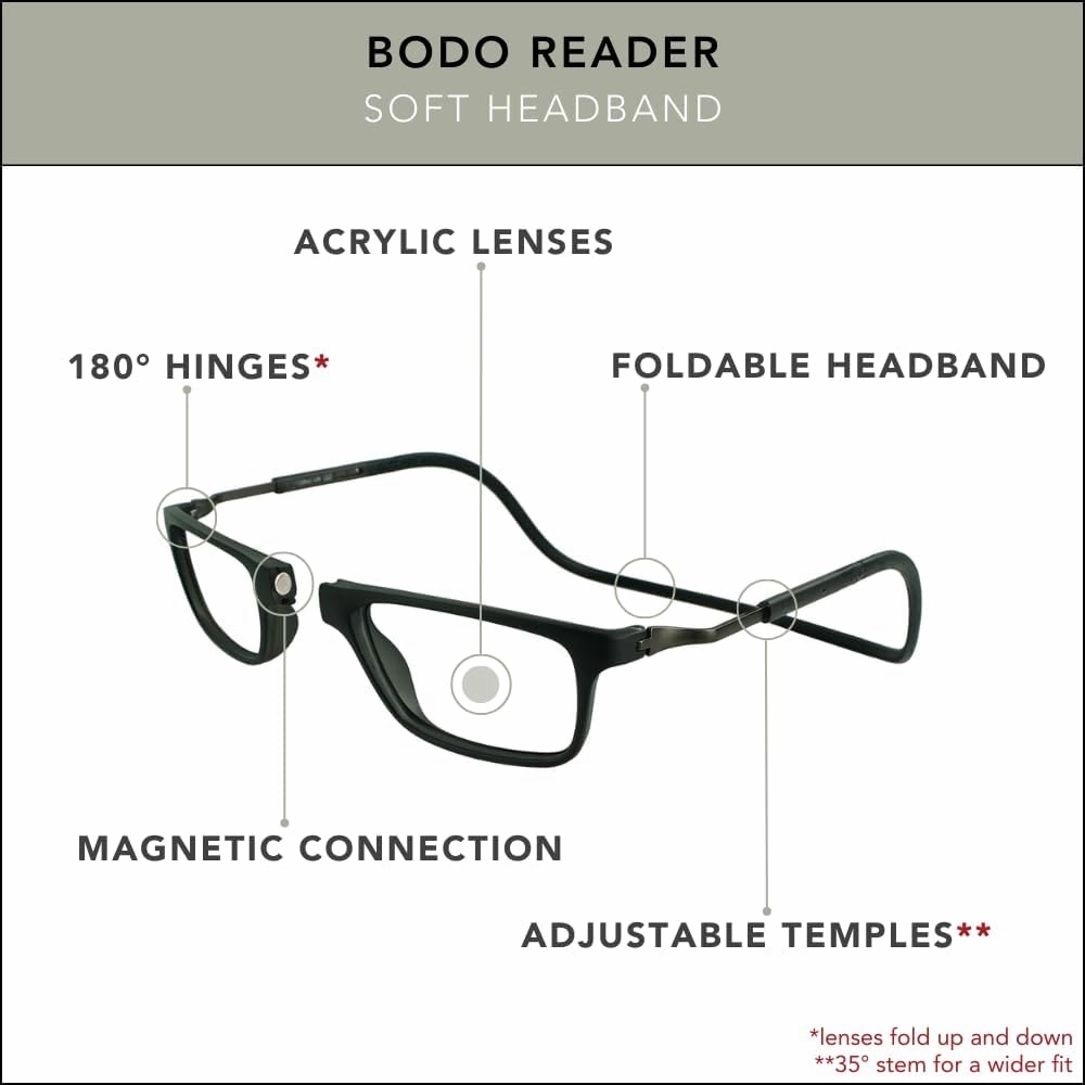 Clic Magnetic Reading Glasses for Men or Women, Soft Foldable Band, Computer Readers, Bodo (XL-XXL)
