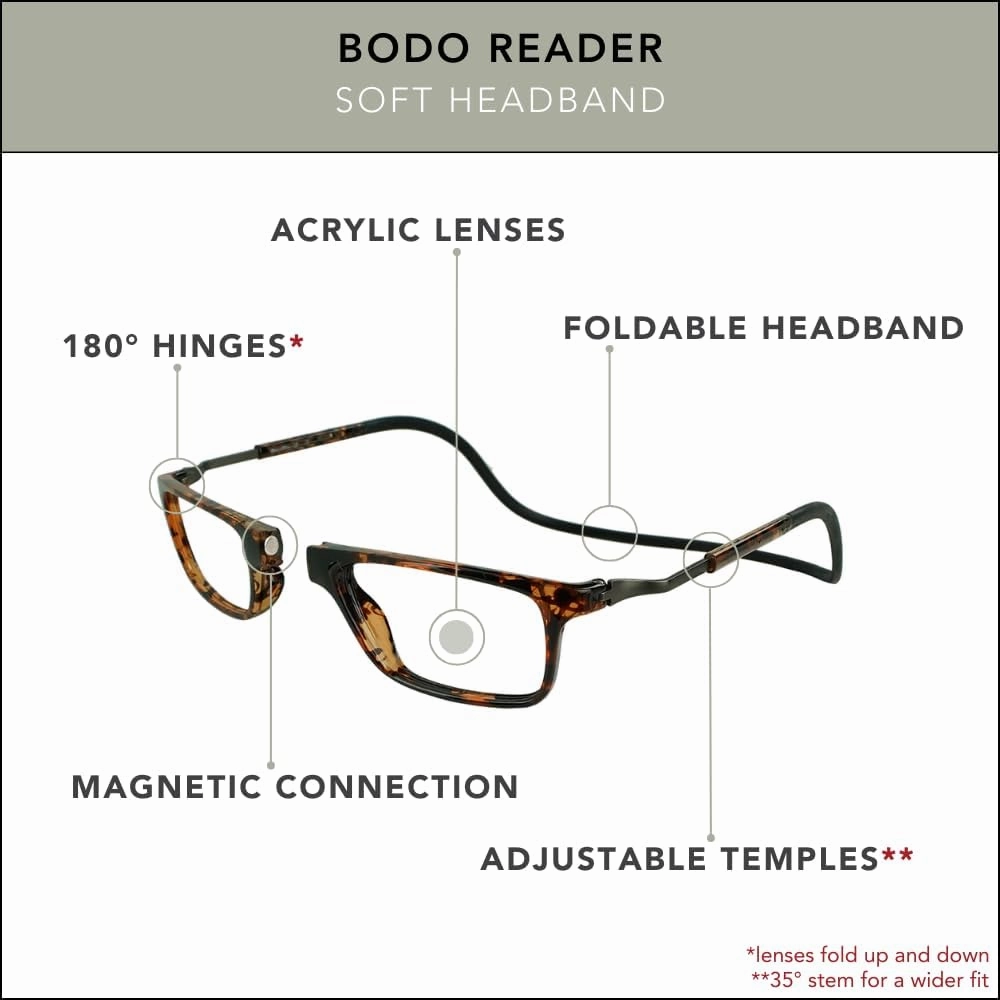 Clic Magnetic Reading Glasses for Men or Women, Soft Foldable Band, Computer Readers, Bodo (XL-XXL)