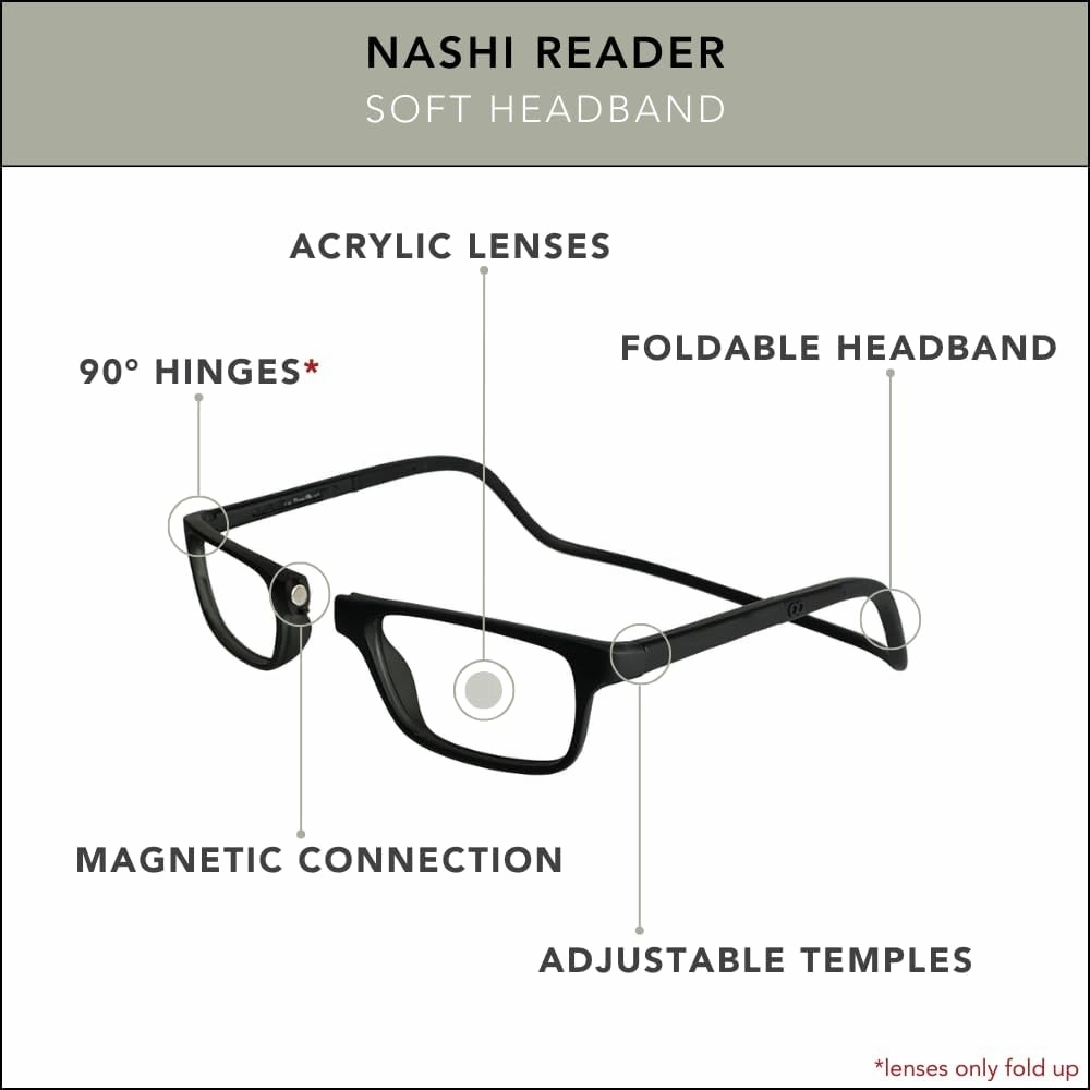 Clic Magnetic Reading Glasses for Men or Women, Soft Foldable Band, Computer Readers, Nashi (S-XL)