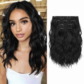 Clip in Hair Extensions - 12" Short Curly Wavy Black Hair Extensions 4PCS Invisible Lace Weft Natural Soft Hairpieces for Women - Natural Black
