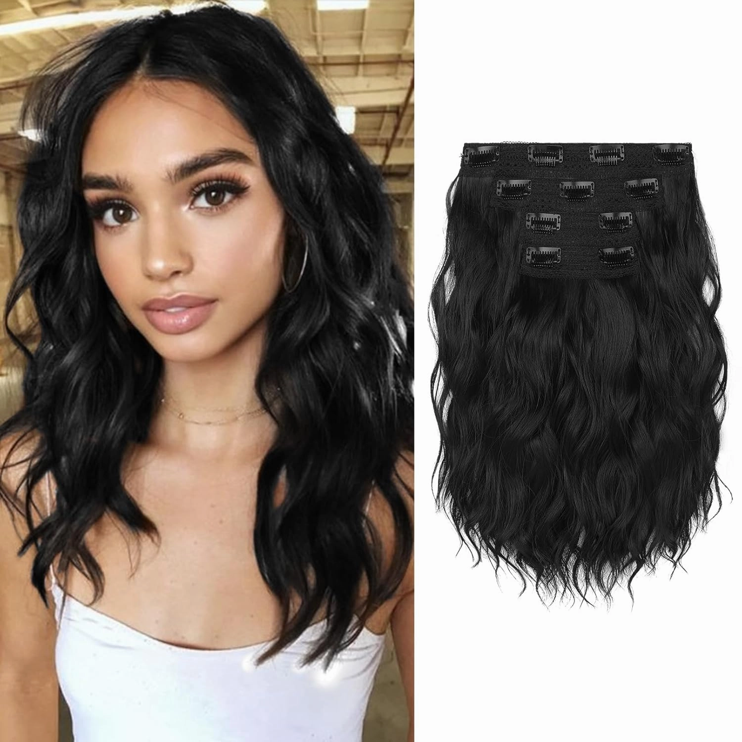 Clip in Hair Extensions - 12" Short Curly Wavy Black Hair Extensions 4PCS Invisible Lace Weft Natural Soft Hairpieces for Women - Natural Black