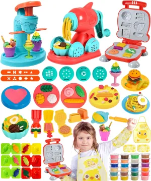 Color Dough Sets for Kids Ages 2-4-8, Dough Tools Accessories Apron Kit, 24 cans Dough, Ice Cream Playset Noodle Hamburger Maker, Pretend Play Kitchen Food Toys Arts Crafts for Toddlers Girl Boy