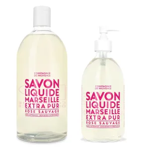 Compagnie de Provence Savon de Marseille Extra Pure Liquid Soap - Wild Rose - 16.7 Fl Oz Glass Pump Bottle and 33.8 fl oz Plastic Bottle Refill