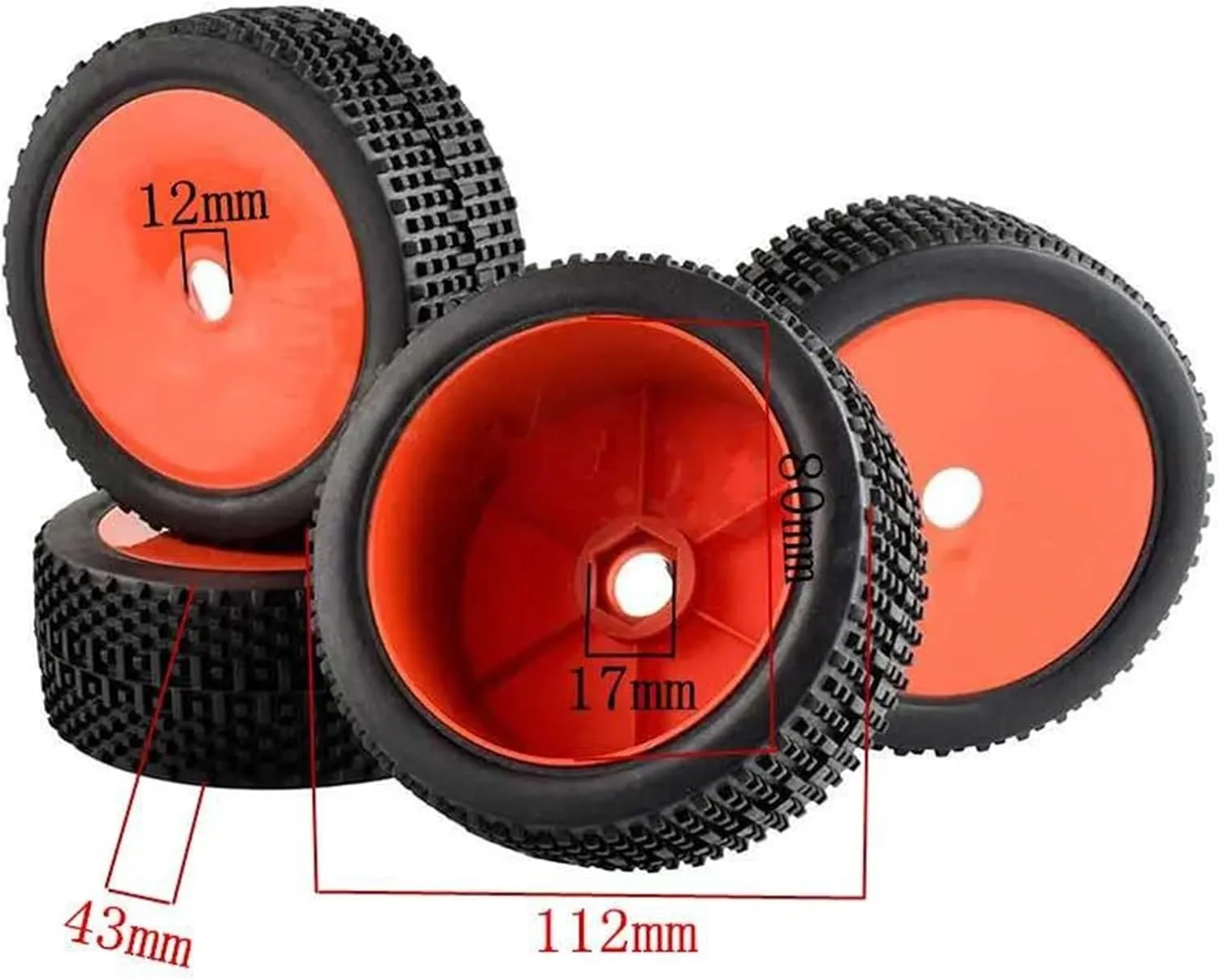 Compatible with Nitro for Baja Off Road for Buggy 1/8 RC Car Rubber Tyre Tires and Plastic Wheel Rim 112mm*43mm Hexagon Adapter 17mm RC Wheel Tires(Red)