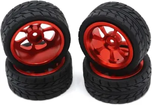 Compatible with Wltoys 144001 A959 A959-B 124019 124018 RC Car Parts Upgrade Accessories 65Mm Metal Wheel Rim Grip Rubber Tires Tyres RC Wheel Tires(Red)