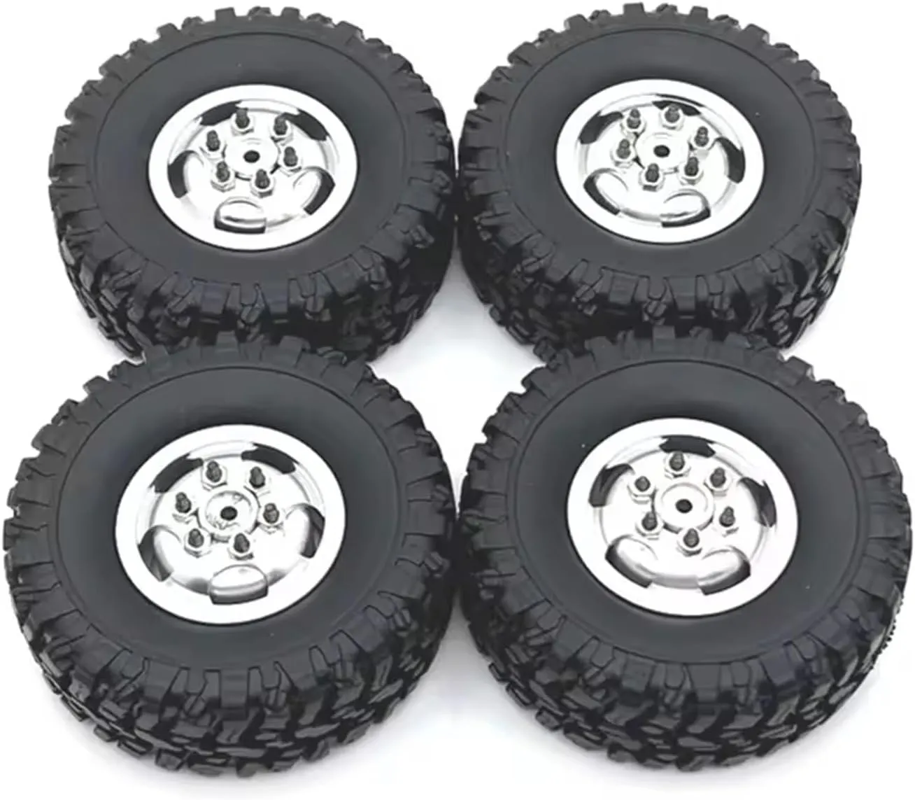 Compatible with WPL C14 C34 C44 C54 B14 B24 MN D90 MN99S MN78 MN82 MN168 RC Car Upgrade Parts 4pcs 67mm Metal Wheel Rim Rubber Tire Tyre RC Wheel Tires(Silver)