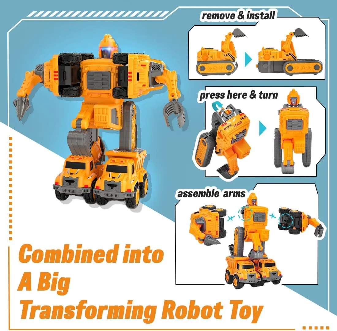 Construction Truck Toys Set 5 in 1 DIY Action Figure Transforming Robots Set 5 Pcs Toddler Metal Pull Back Car Toys, Yellow, HB-OTB0595470-YE