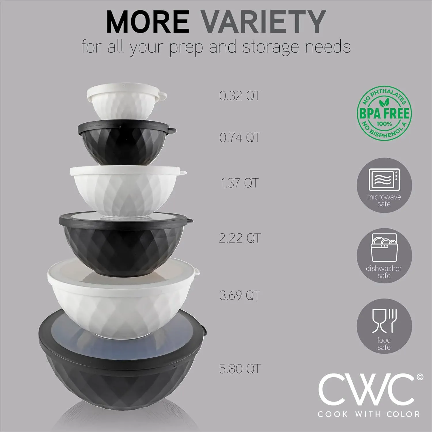 COOK WITH COLOR Mixing Bowls with Lids - 12 Piece Plastic Nesting Bowls Set includes 6 Prep Bowls and 6 Lids, Non Slip Bottom and Diamond Design - Microwave Safe (Mint)