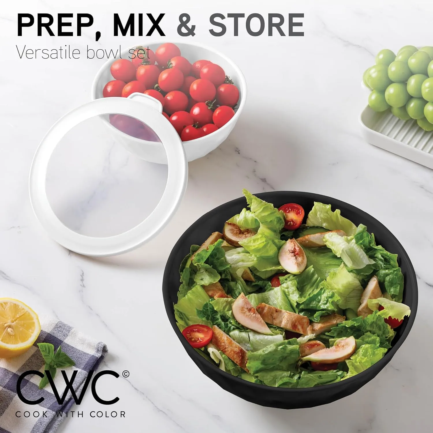 COOK WITH COLOR Mixing Bowls with Lids - 12 Piece Plastic Nesting Bowls Set includes 6 Prep Bowls and 6 Lids, Non Slip Bottom and Diamond Design - Microwave Safe (Mint)