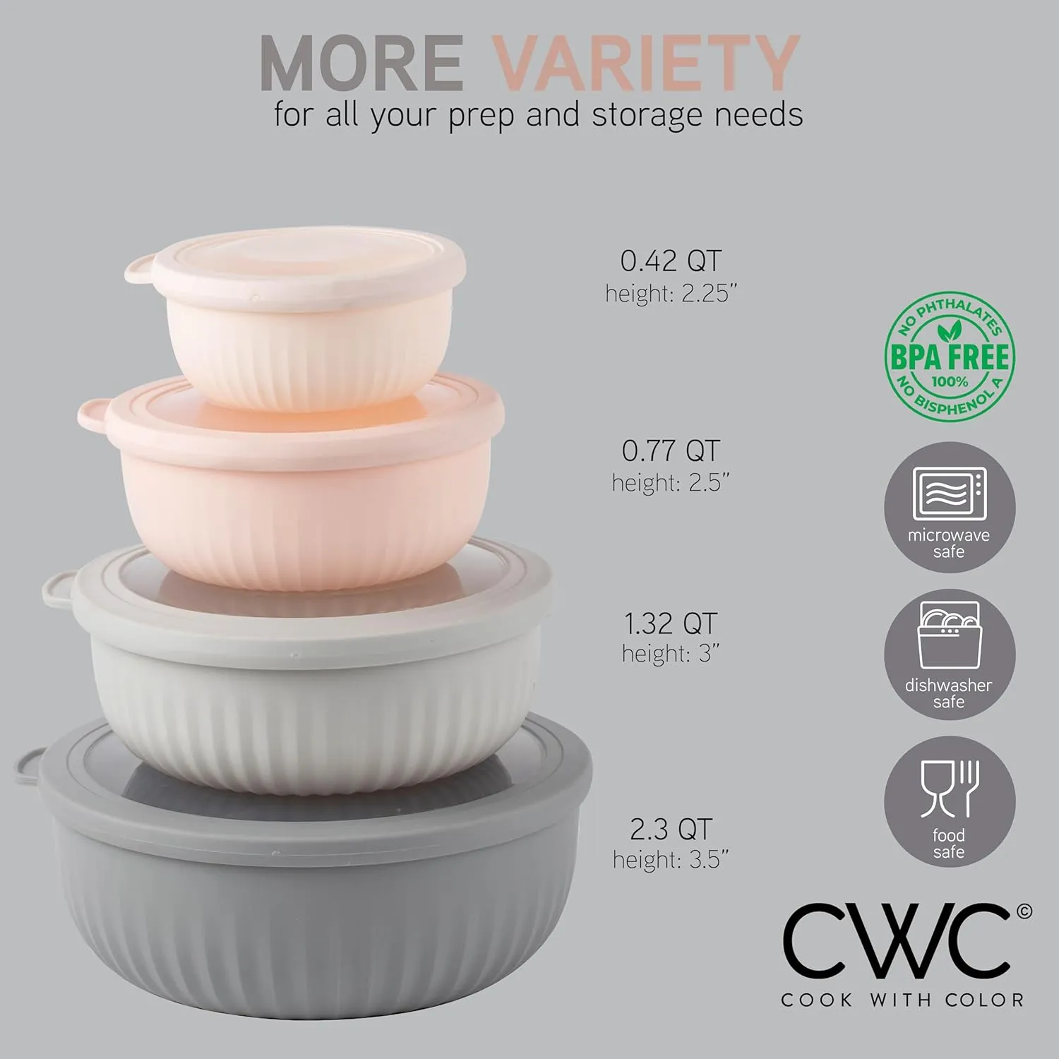COOK WITH COLOR Prep Bowls with Lids- Wide and Deep Nesting Plastic Small Mixing Bowl Set with Lids, 8 Piece Set - Wide Bowls, Grey/Pink