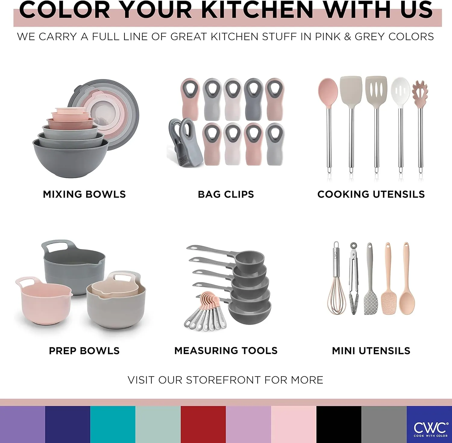 COOK WITH COLOR Prep Bowls with Lids- Wide and Deep Nesting Plastic Small Mixing Bowl Set with Lids, 8 Piece Set - Wide Bowls, Grey/Pink