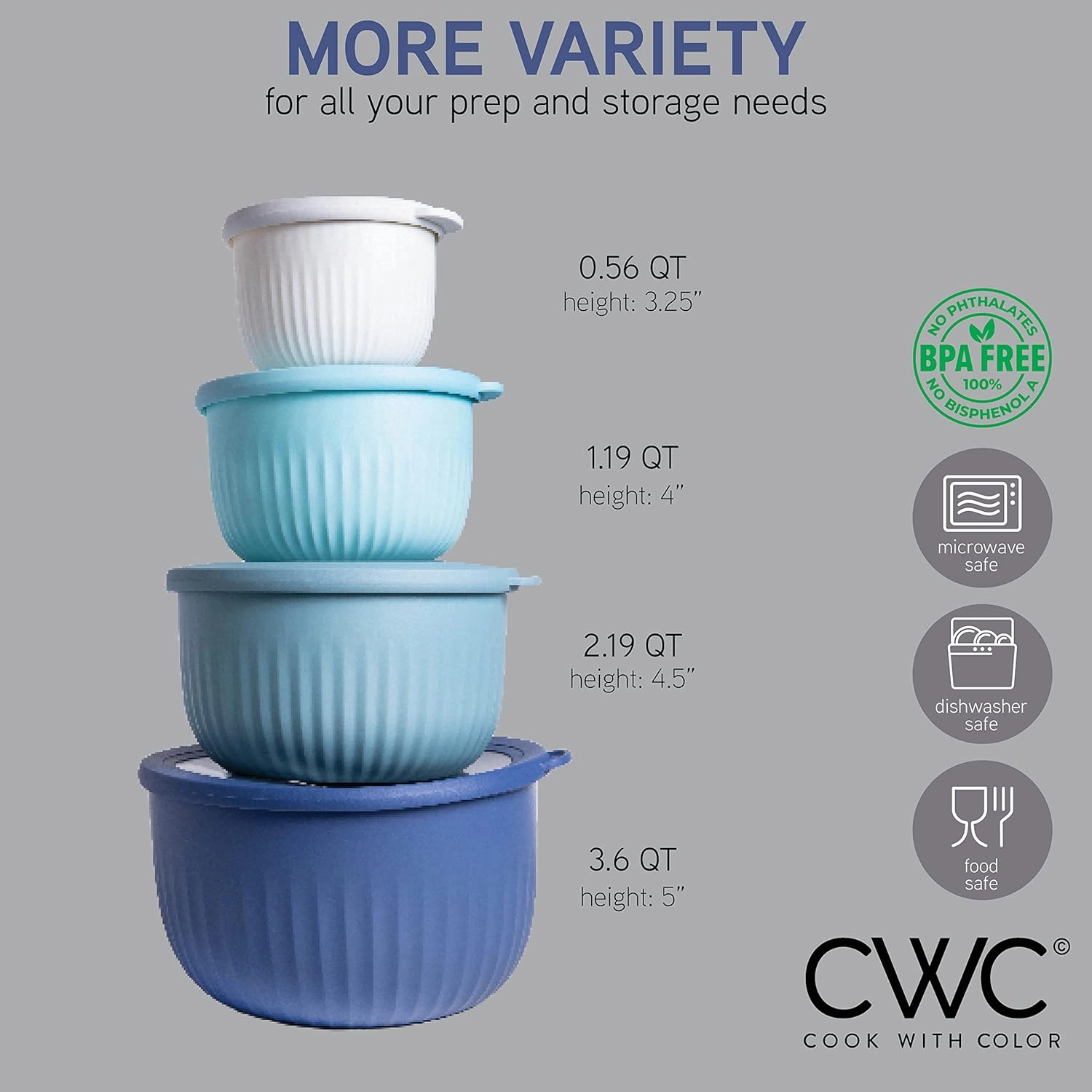 COOK WITH COLOR Prep Bowls with Lids- Wide and Deep Nesting Plastic Small Mixing Bowl Set with Lids, 8 Piece Set - Deep Bowls, Blue