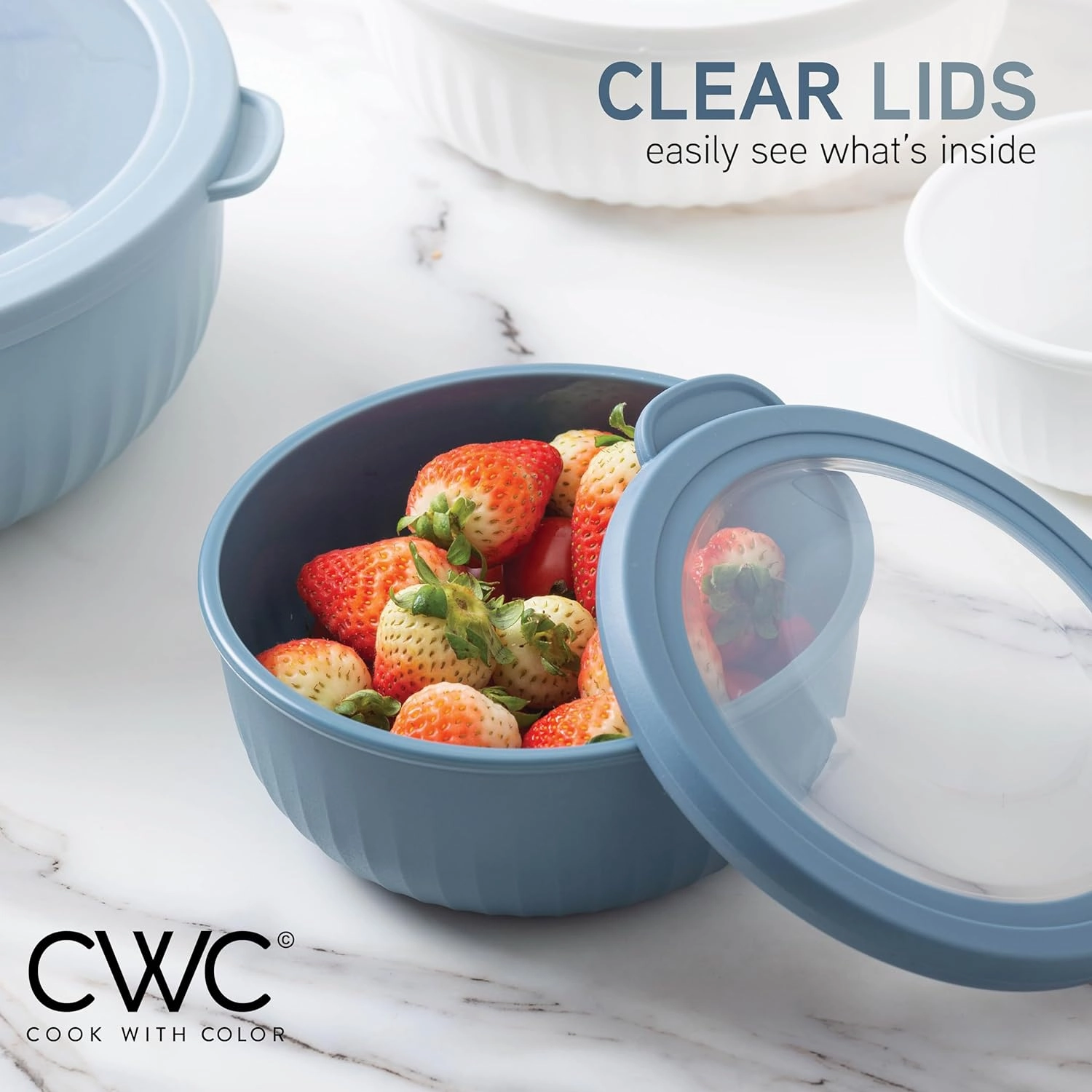 COOK WITH COLOR Prep Bowls with Lids- Wide and Deep Nesting Plastic Small Mixing Bowl Set with Lids, 8 Piece Set - Wide Bowls, Blue/Grey
