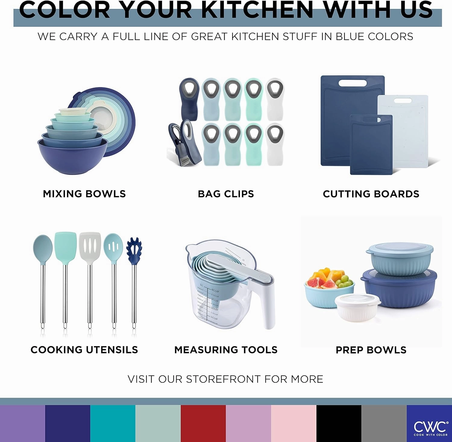 COOK WITH COLOR Prep Bowls with Lids- Wide and Deep Nesting Plastic Small Mixing Bowl Set with Lids, 8 Piece Set - Wide Bowls, Blue/Grey