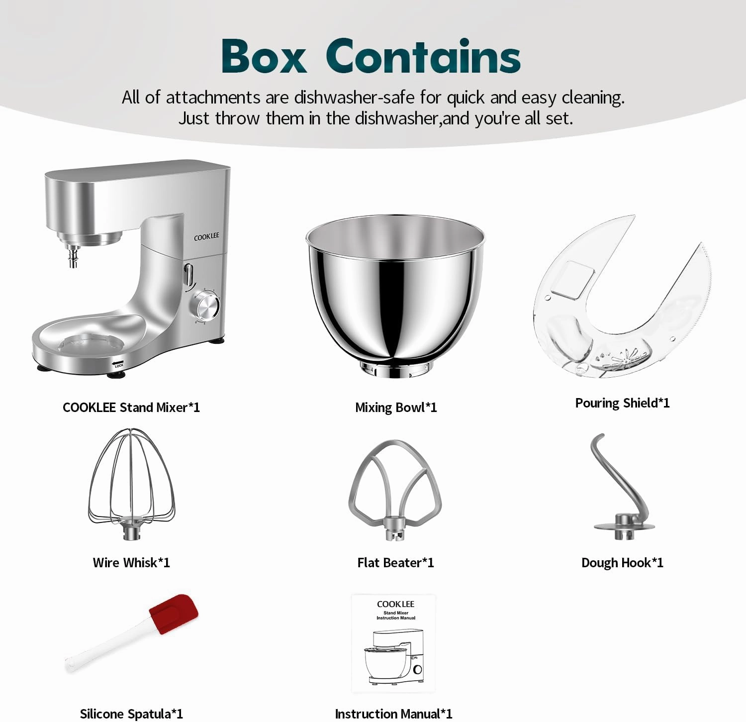 COOKLEE Stand Mixer, 9.5 Qt. 660W Electric Kitchen Mixer with Dishwasher-Safe Dough Hooks, Flat Beaters, Wire Whip & Pouring Shield Attachments for Most Home Cooks, Silver