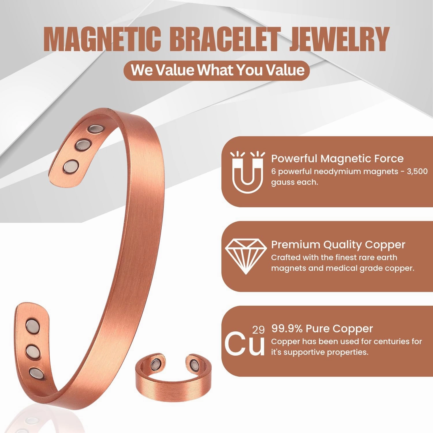 Copper Bracelet for Men and Women, Strength Mens Magnetic Copper Bracelets with 3,800 Gauss Magnets, 99.99% Pure Solid Copper, Handmade Copper Jewelry Gift