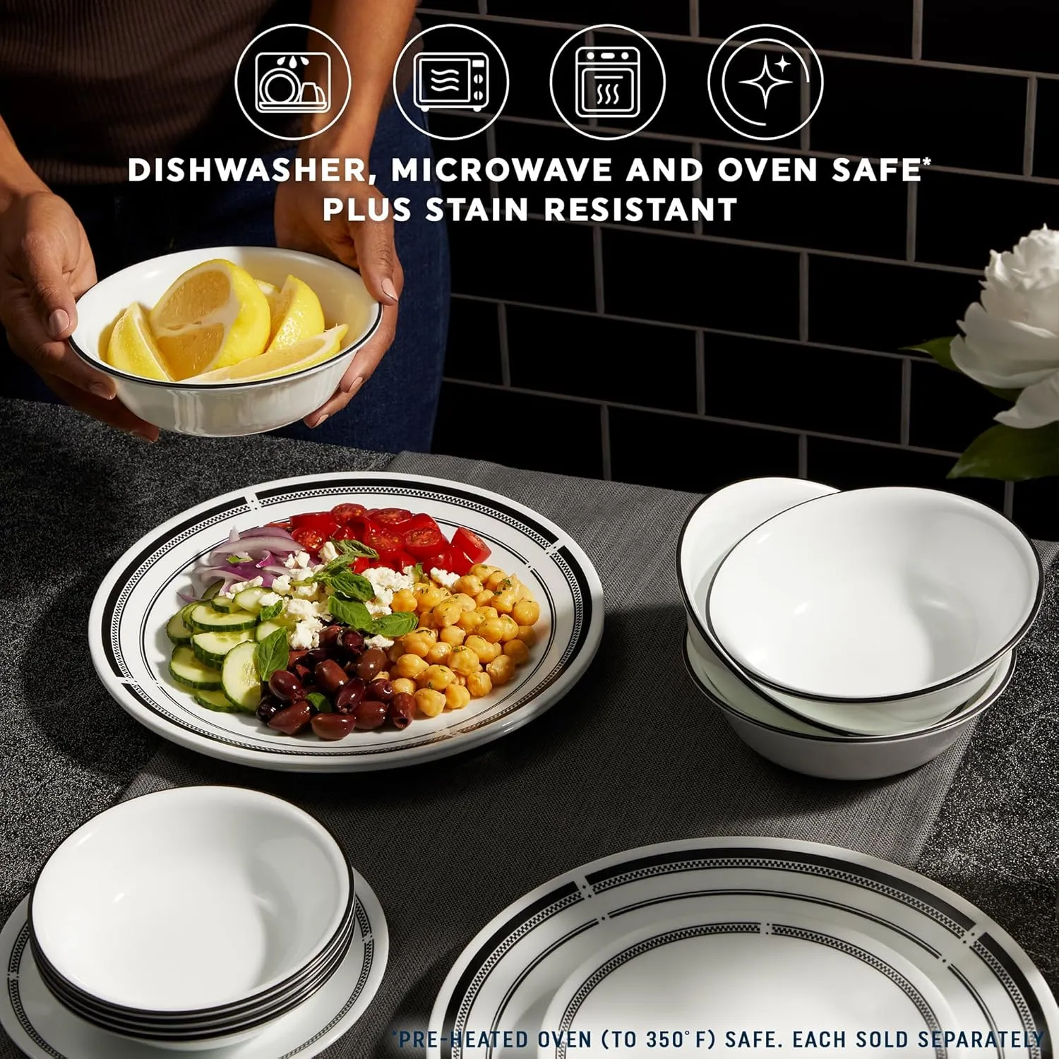 Corelle 6-Piece 8.5" Lunch Round Plates, Vitrelle Triple Layer Glass, Lightweight Round Plates, Salad Plates, Chip and Scratch Resistant, Microwave and Dishwasher Safe, Brasserie