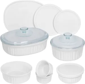 CorningWare Ceramic Bakeware Set with Lids, Chip and Crack Resistant Stoneware Baking Dish, Microwave, Dishwasher, Oven, Freezer and Fridge Safe, 12-Piece French White