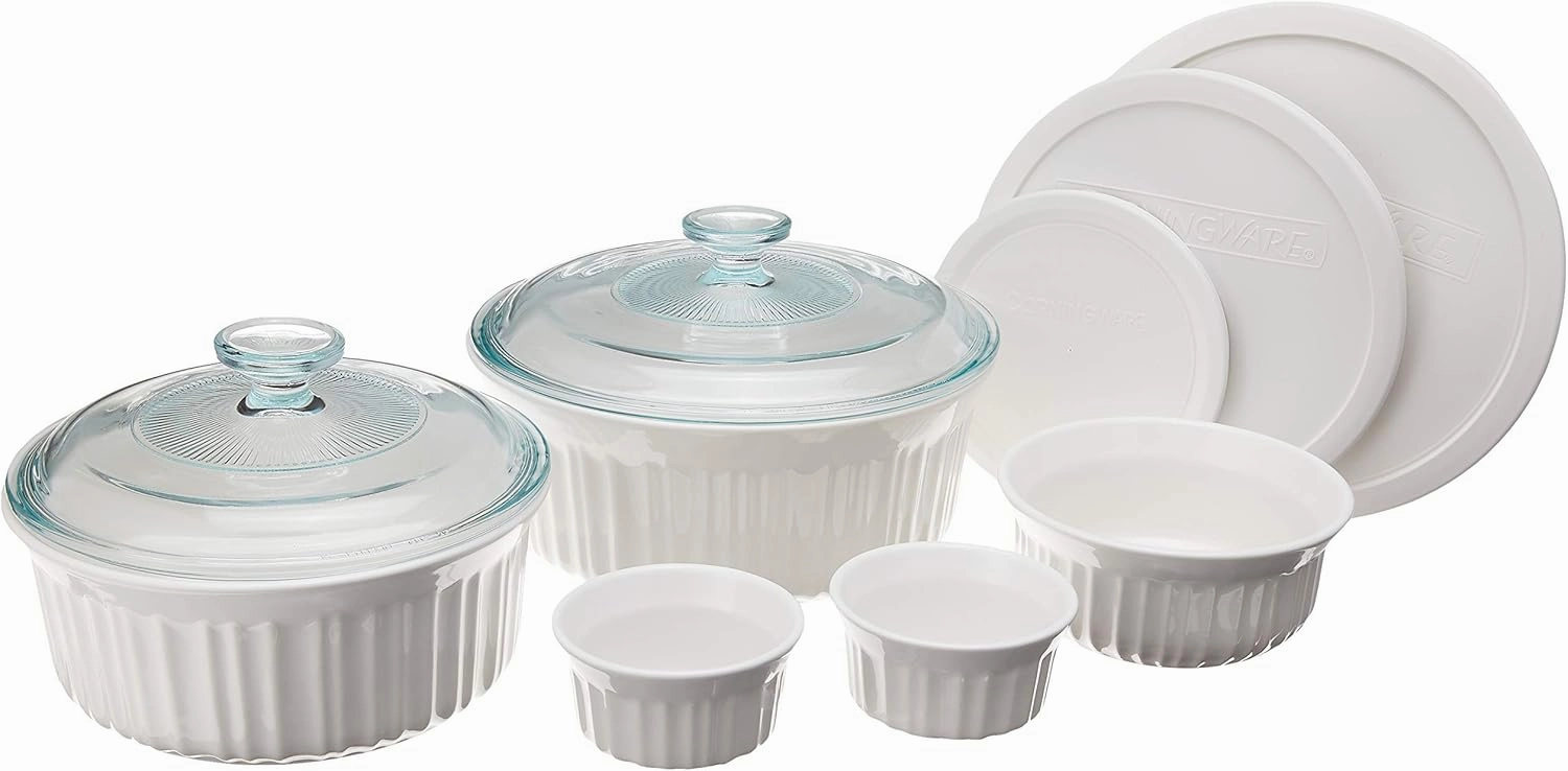 CorningWare Ceramic Bakeware Set with Lids, Chip and Crack Resistant Stoneware Baking Dish, Microwave, Dishwasher, Oven, Freezer and Fridge Safe, 10-Piece French White