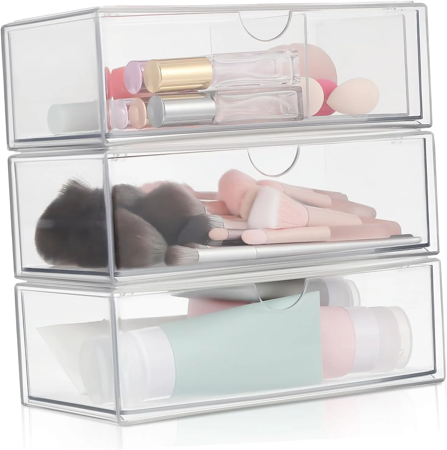 Cosmetic Organizer Countertop 3-Piece Makeup Storage Box Set Acrylic Lipstick Holder Brush Container and Cotton Swab Box Desktop Organizer for