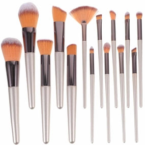 Cosmetics Brush Set 14pcs Makeup Brushes Plastic Handles Labeled Makeup Brush Set Nylon Head for Natural Look Daily Professional Golden