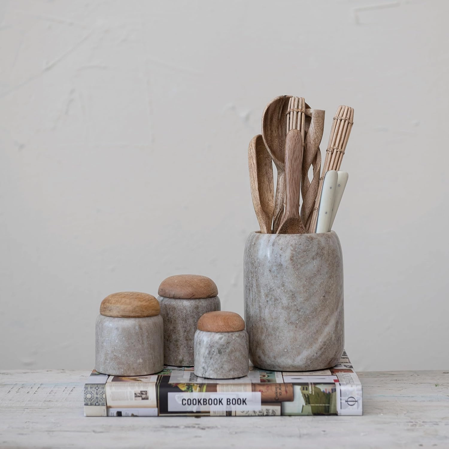 Creative Co-Op Modern Marble Canister with Wood Lid, Natural