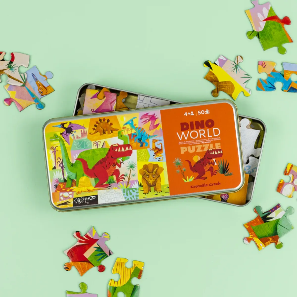 Crocodile Creek Tin Jigsaw Puzzle 50pcs Dino World Cognitive Travel Developmental Toys for Toddlers 3yrs 