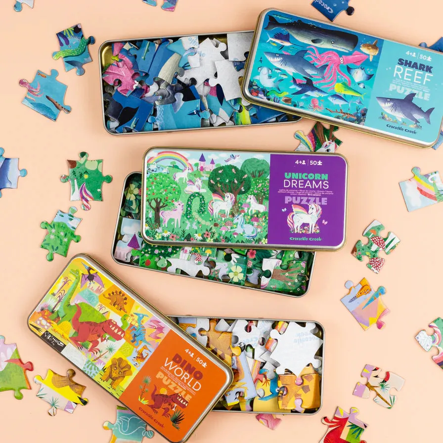 Crocodile Creek Tin Jigsaw Puzzle 50pcs Dino World Cognitive Travel Developmental Toys for Toddlers 3yrs 