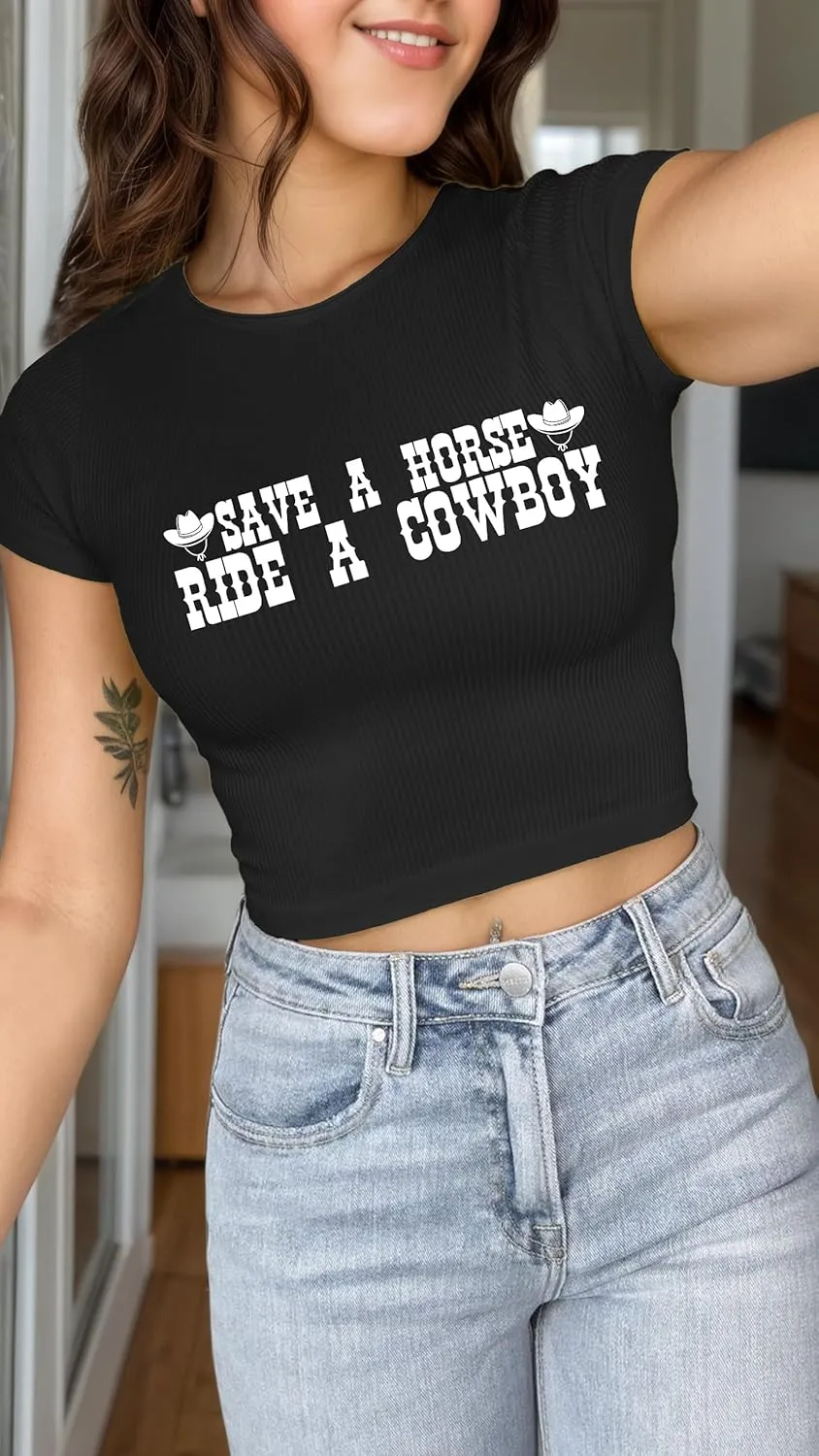 Cropped Cowgirl Outfits for Women Western Rodeo Crop Tops Cowboy Country Concert Graphic Tees