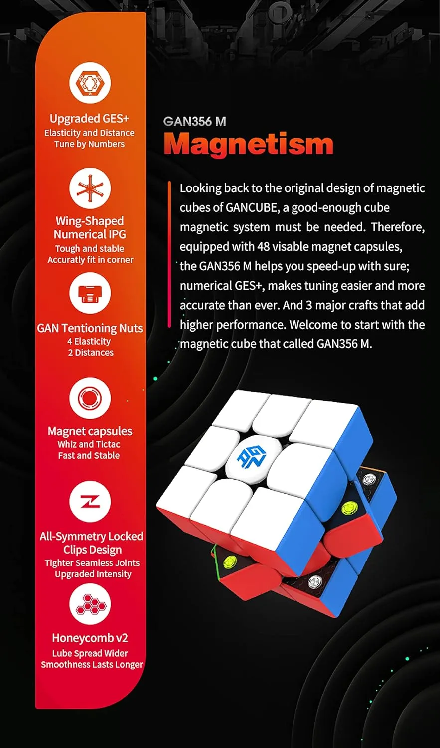CuberShop GAN 356 M 3x3 Magnetic Speed Cube Lite, Gans 3X3 Stickerless Magnetic Cube, Smooth & Fast 3 by 3 Lite Flagship Performance, GAN 356M Puzzle Toy Speed Cube