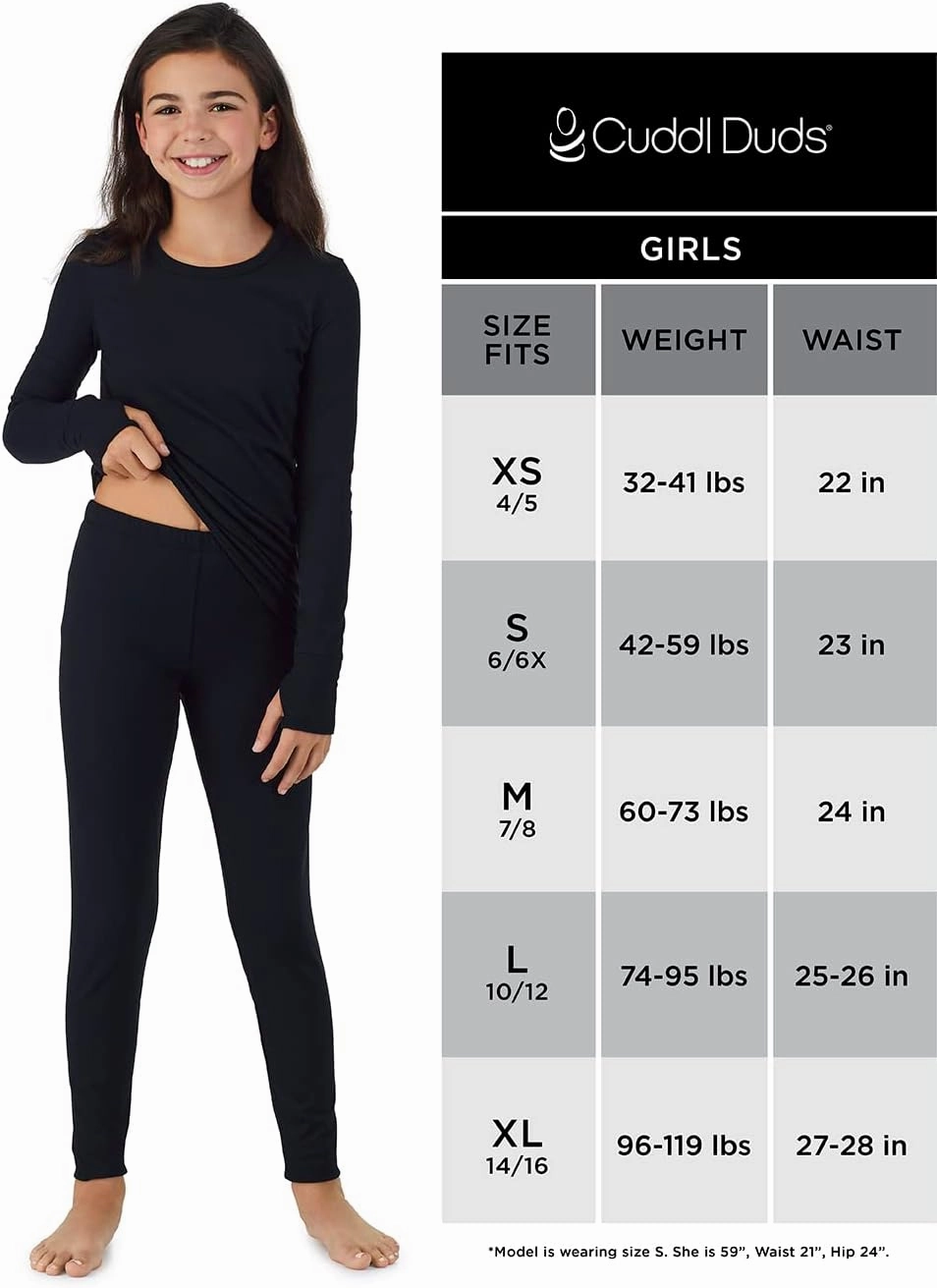 Cuddl Duds Girls Cold Weather Fleece-Lined Thermal Underwear 2-Piece Set - Kids Long Sleeve Top and Leggings Long Johns