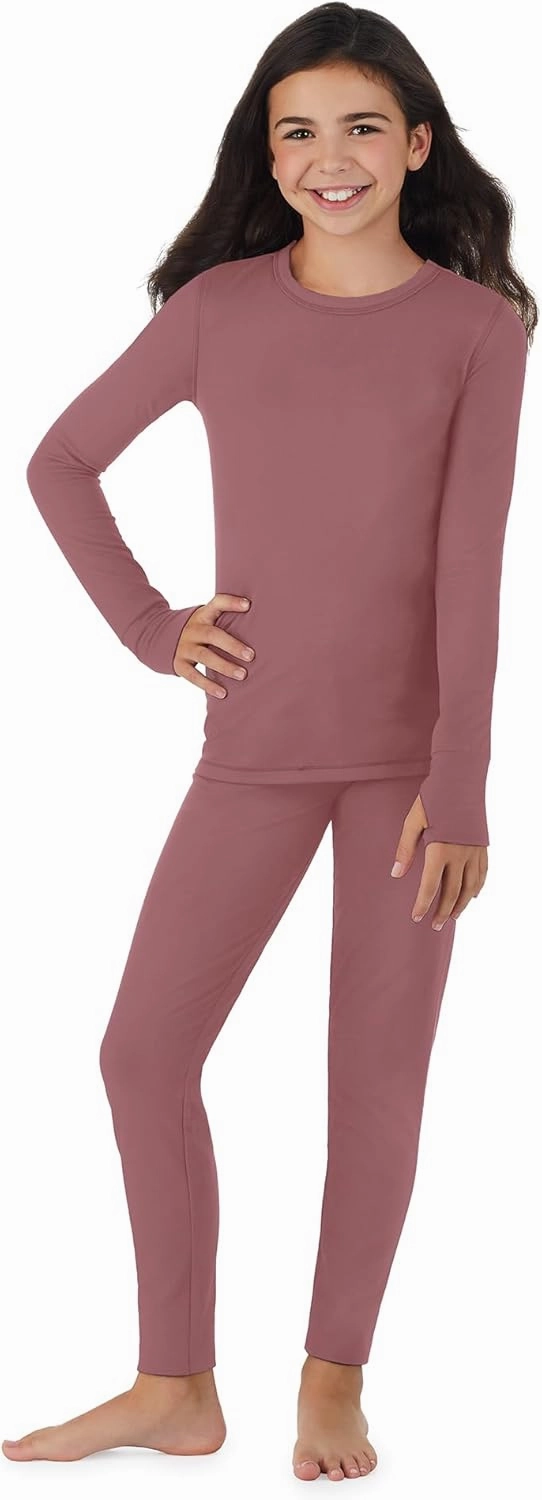 Cuddl Duds Girls Cold Weather Fleece-Lined Thermal Underwear 2-Piece Set - Kids Long Sleeve Top and Leggings Long Johns