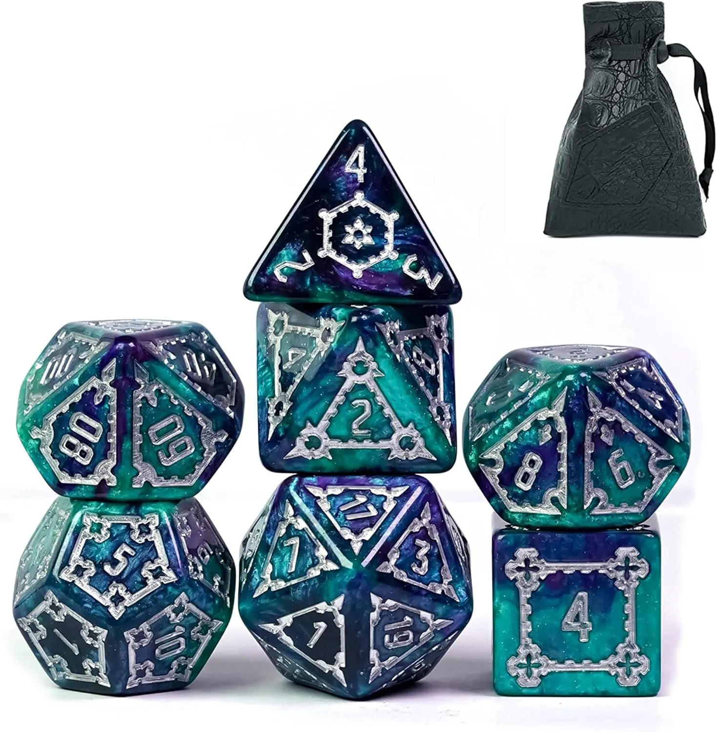 cusdie 7 Pcs 25mm Giant DND Dice with Dragon Eye Dice Bag, Polyhedral Dice Set, D&D Dice for Dungeons and Dragons Pathfinder RPG(Green/Purple)