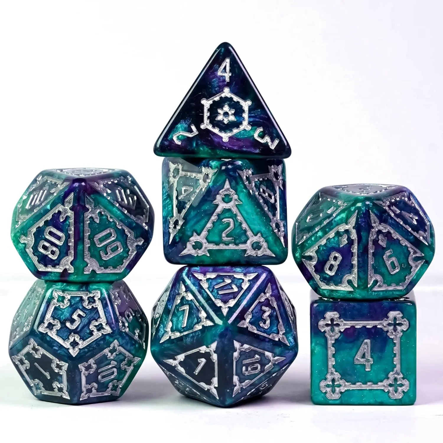 cusdie 7 Pcs 25mm Giant DND Dice with Dragon Eye Dice Bag, Polyhedral Dice Set, D&D Dice for Dungeons and Dragons Pathfinder RPG(Green/Purple)