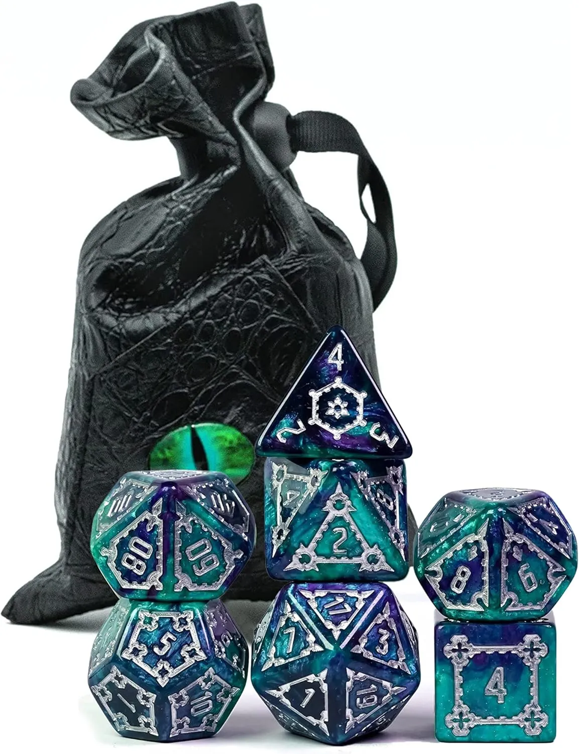 cusdie 7 Pcs 25mm Giant DND Dice with Dragon Eye Dice Bag, Polyhedral Dice Set, D&D Dice for Dungeons and Dragons Pathfinder RPG(Green/Purple)
