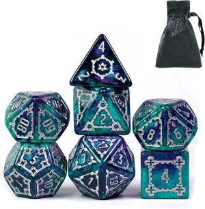 cusdie 7 Pcs 25mm Giant DND Dice with Dragon Eye Dice Bag, Polyhedral Dice Set, D&D Dice for Dungeons and Dragons Pathfinder RPG(Green/Purple)