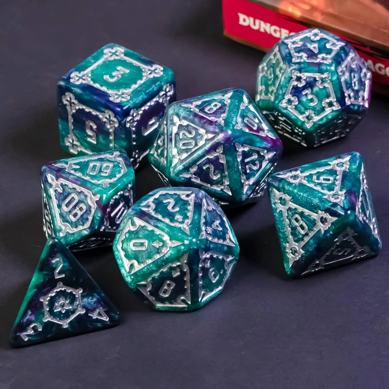cusdie 7 Pcs 25mm Giant DND Dice with Dragon Eye Dice Bag, Polyhedral Dice Set, D&D Dice for Dungeons and Dragons Pathfinder RPG(Green/Purple)